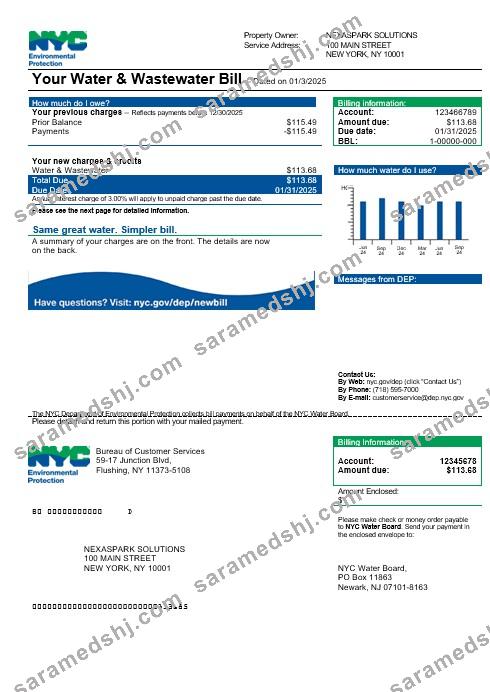 USA The New York City Department of Environmental Protection (DEP) business utility bill template in Word and PDF formats